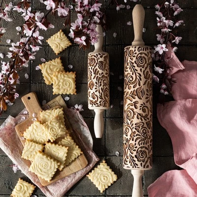 STODOLA Embossed Rolling Pin with Enchanted Garden Pattern for Engraved Cookies - Image 1 of 4