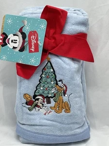 Disney Set of 2 Hand Towels MICKEY & PLUTO Christmas Blue Embroidered NEW - Picture 1 of 5