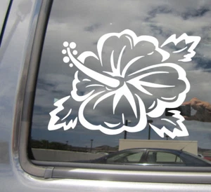 Hibiscus Flower w/Leaves - Hawaii Islands Tropical Car Vinyl Decal Sticker 05046 - Picture 1 of 2