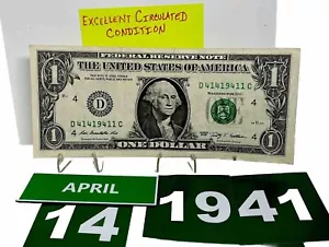 One Dollar Bill Birthday April 14 1941. Near Uncirculated. Fancy Serial Number - Picture 1 of 9