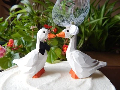 Goose White Cake Topper Bride Groom Love Wedding Engagement Wood Statue - Image 1 of 4