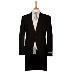 Mens Black Tailcoat Jacket Morning Suit Wool Wedding Royal Ascot Herringbone - Picture 1 of 11