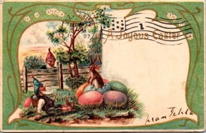 A JOYFUL EASTER Gnomes and Rabbit embossed c1907 Postcard - Picture 1 of 2