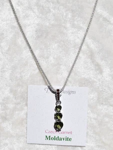 Moldavite and Czech Garnet 925 Sterling Silver Necklace By T. W. Designs 16 Inch - Picture 1 of 10