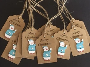 10 Kraft Embellished Merry Christmas Cute Blue Snowman Button Gift Tags + Ties - Picture 1 of 1