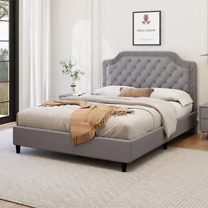 Full Size Velvet Upholstered Bed Frame W/ Ruched Button Tufted Headboard Gray - Picture 1 of 8