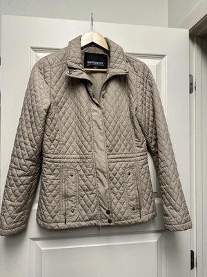 Chaqueta acolchada resistente a la intemperie para mujer, talla mediana, beige, talla pequeña, cremallera frontal Foto 1 de 4