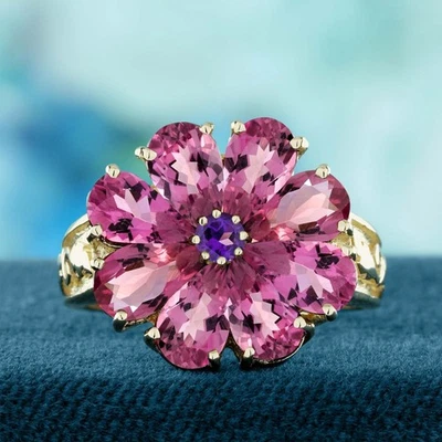 Anillo con racimo de flores estilo vintage de amatista natural y turmalina rosa de oro de 9k Foto 1 de 4