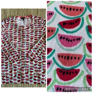 TALBOTS Wassermelonen-Druck Baumwolle Viskose Strick Knopf skurrile Strickjacke Petite P - Bild 1 von 14