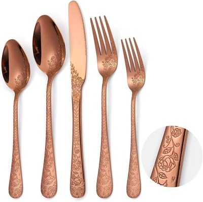 Vintage Flatware Copper/Rose Gold Floral Silverware 30 Piece Stainless Steel ... - Image 1 of 4