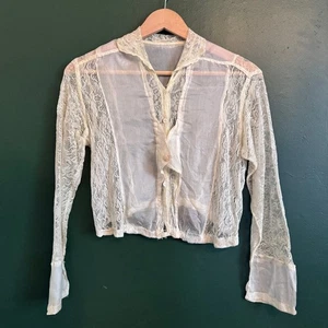 Antike edwardianische Bluse Shirtwaist Top weiß Baumwolle Voile Spitze 1910er elfenbein M - Bild 1 von 8