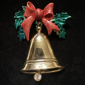 Christmas Bell Articulated Bow Brooch Pin Gold Tone Green Red Enamel (Lot# 522) - Picture 1 of 5