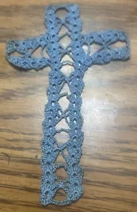 Antique Handmade Victorian Era Bookmark Religious Cross Bible Crochet 5.5” Blue - Picture 1 of 10