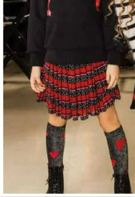 SONIA RYKIEL PARIS SAIA FEMININA LISTRA PRETA VERMELHA ESTRELAS PUXAR CREPE MINI FLARE 8 - Imagem 1 de 4