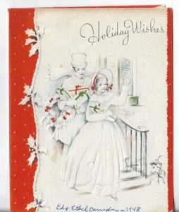 1948 VTG CHRISTMAS ART DECO CARD 4x5 Couple Going Down Steps with Lots of Gifts - Picture 1 of 3