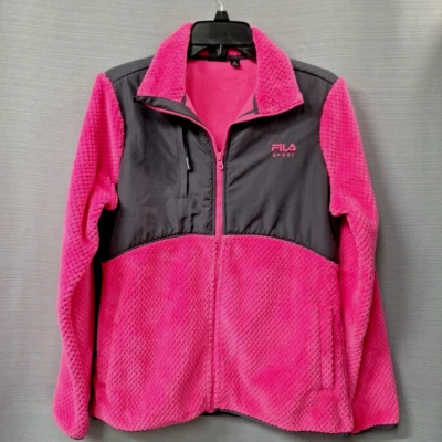 FILA Sport Imitación Piel Para Mujer L Grande Chaqueta Abrigo Cremallera Felpa Rosa Caliente y Negro Foto 1 de 4