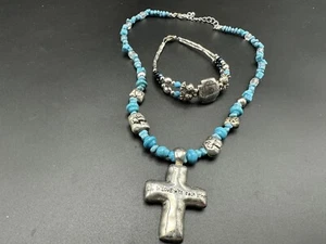 Conjunto de pulsera collar colgante cruz turquesa imitación vintage - Imagen 1 de 14
