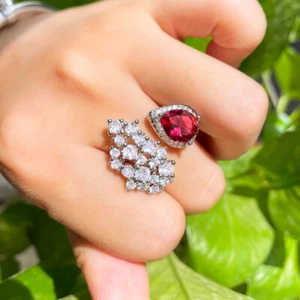 Verstellbarer offener versilberter roter Zirkonia Tropfen Ring für Braut Verlobung - Bild 1 von 11