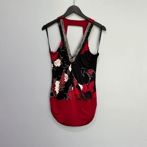 Baby Phat Floral size large Embellished Sleeveless Tank Top Red Black VTG Y2K - Picture 1 of 8
