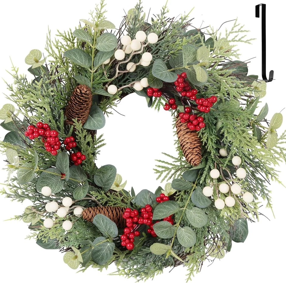 22 Inch Christmas Wreath with Hanger, Christmas Wreaths for Front Door with Red  - Image 1 of 4