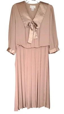 80’s Vintage Liz Robert’s Peplum Dress With Satin Collar SZ 10 Mocha Pleat Skirt - Image 1 of 4