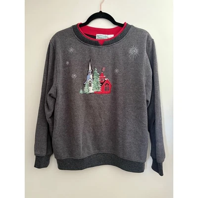 Sudadera Vintage Gris Bordada Navidad Vacaciones Cuello Redondo L Iglesia Festiva Foto 1 de 4