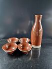 Very Attractive Sake Set Flask Carafe Plus 4 Saucer Cups Brown Pearlescent Glaze