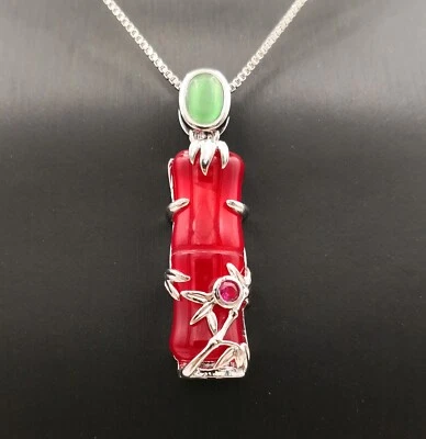 白色真玉玛瑙玉竹节 18KGP 猫眼吊坠项链 — 第 1/4 张图片