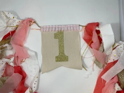 Baby Girl Pink High Chair Banner - First Birthday Party Sign Pink / Gold Ribbons - Image 1 of 4