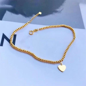 18K Yellow Gold Chain Women Lucky Wheat Glossy Beads Heart Link Bracelet - Picture 1 of 5