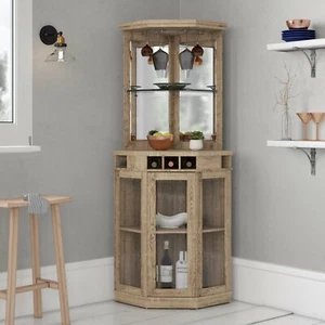 Mini Bar Corner Liquor Cabinet Wine Storage Stemware Rack Dining Room Rustic Oak - Picture 1 of 4