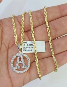 10k 2.5mm Rope Chain A Diamond Pendant Alphabet 18"-30" Gold Set Charm Necklace - Picture 1 of 8
