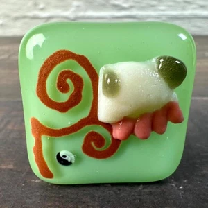 Fused Glass Art Green Stylized Swirling Pattern Paperweight Tabletop Decor - Picture 1 of 8
