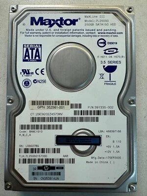HP 391335-002 MAXLINE PLUS III 7L250S0 250GB 7.2K RPM 16MB 1.5 Gb/s SATA 3.5" - Image 1 of 4