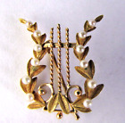Vintage 14K Gold & Pearl Lyre Harp Pin Brooch