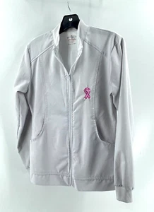 Scrubaid Gray Full Zip Breast Cancer Pink Ribbon Nurse Scrubs Jacket Size Small - Picture 1 of 13