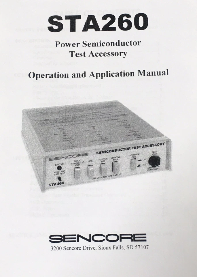 NEW SENCORE STA260 OWNERS MANUAL, Test Accessory To The Sencore LC103 - Image 1 of 1