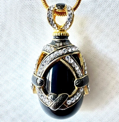 Black Onyx Sterling Enamel Faberge Art Deco Egg Pendant Swarovski Crystals Gold - Image 1 of 4