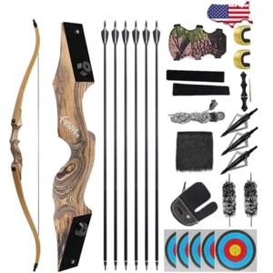 60" Recurve Bow Bamboo Carbon Arrows Set 20-60lbs Takedown Archery Hunt Shooting - Picture 1 of 22