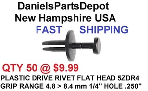 x50 BLACK PLASTIC PUSH PIN RIVET FLAT HEAD GRIP RANGE 4.8 8,4 mm 1/4" HOLE USA - Picture 1 of 13