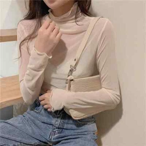 High Neck Sheer Mesh Top Women Long Sleeve Turtleneck T-shirt See Through Shirt - Picture 1 of 23