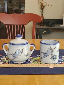 Tonala Mexican Pottery Sugar Bowl with Lid & Creamer Birds Floral Signed TM EUC  - Picture 1 of 24