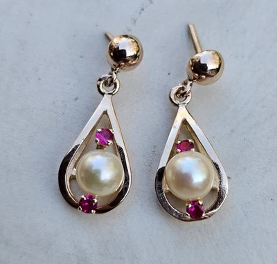 Vintage 14k yellow gold dangle teardrop frame earring round pearl red ruby post - Image 1 of 4