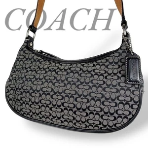 COACH Shoulder Bag Purse Signature Canvas Leather Black Gray Authentic - Picture 1 of 24