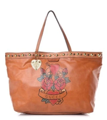 RARE GUCCI Babouska Tobacco Leather Heart Tattoo Tote Bag - Only One On eBay - Image 1 of 4
