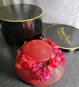 Vintage Norman Durand Original Wide Brim Red Hat Size 22-1/2 w/ Hat Box - Picture 1 of 10