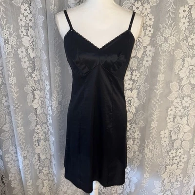 Vintage 1950s Woman’s Black Nylon Opaque Full Slip Dress Size 32 Bust As Is Goth - Image 1 of 4
