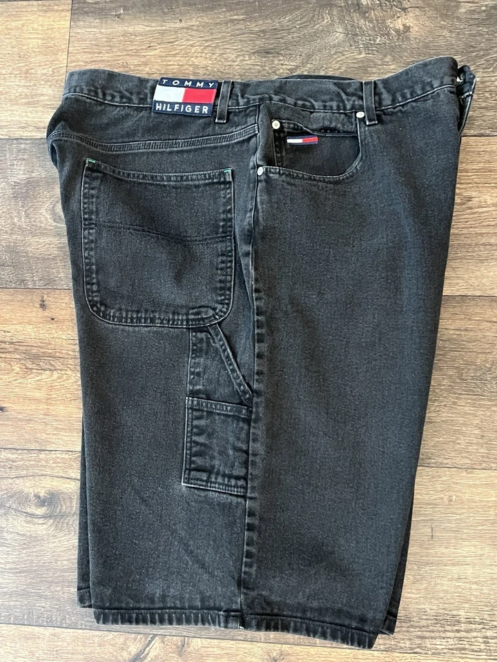 Vtg Tommy Hilfiger Faded Black Denim LOGO Carpenter Baggy Streetwear Shorts Y2K - Image 1 of 4