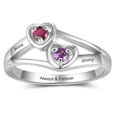 Anillo Día de la Madre Grabado Personalizado 2 Piedras - 2 Nombres Plata de Ley 925 Foto 1 de 4