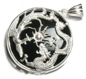 Natural Black Rich Agate silver dragon phoenix pendant necklace AAA Grade - Picture 1 of 3